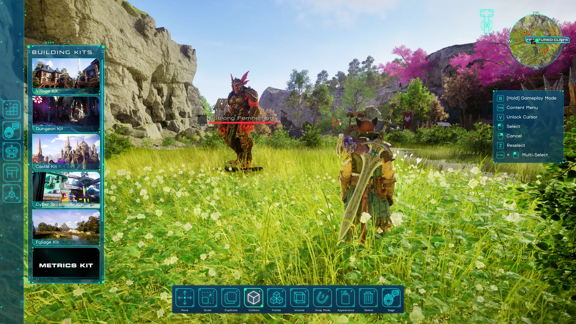 Avalon build mode in the Fractured Cliffs, showing the Building Kits shelf, transformation toolbar, player character, and a Goblong