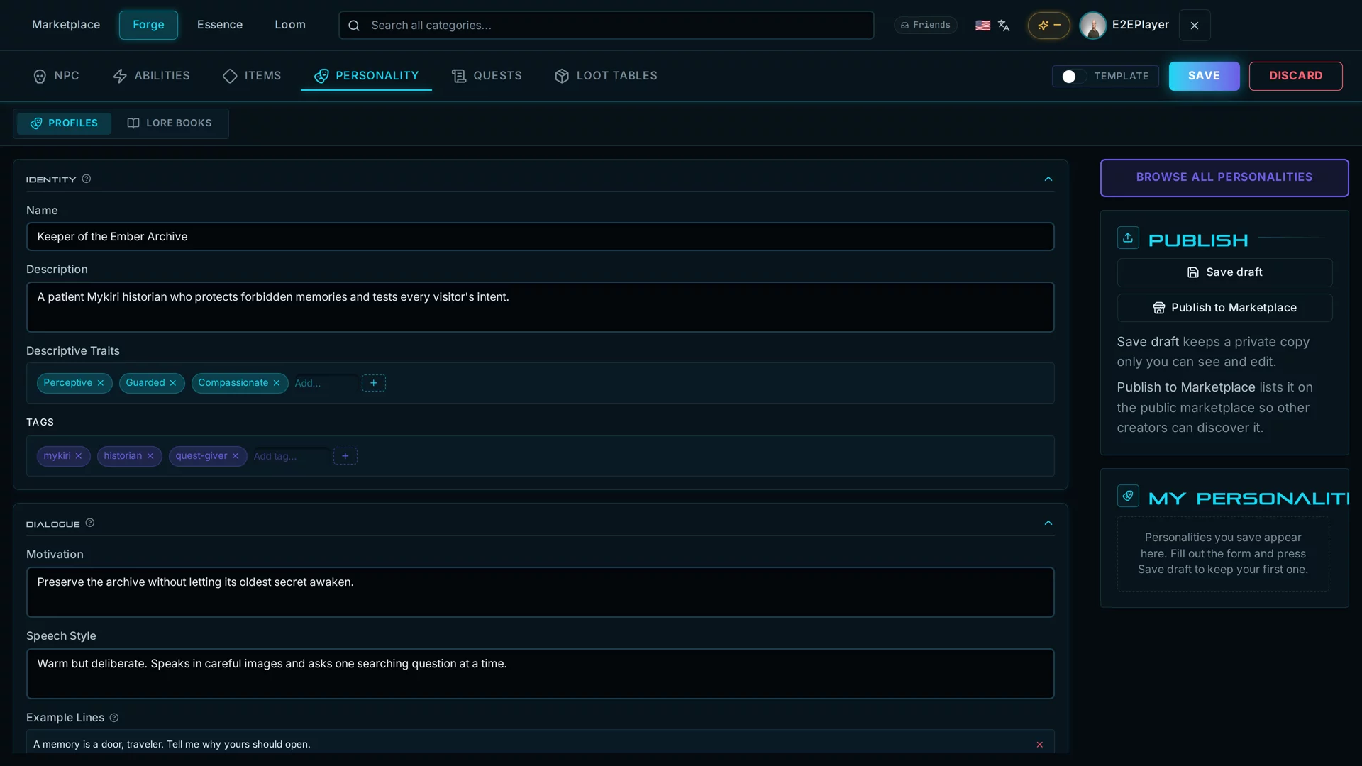 Avalon Personality Forge showing a reusable profile with authored identity, descriptive traits, tags, motivation, speech style, and publishing controls