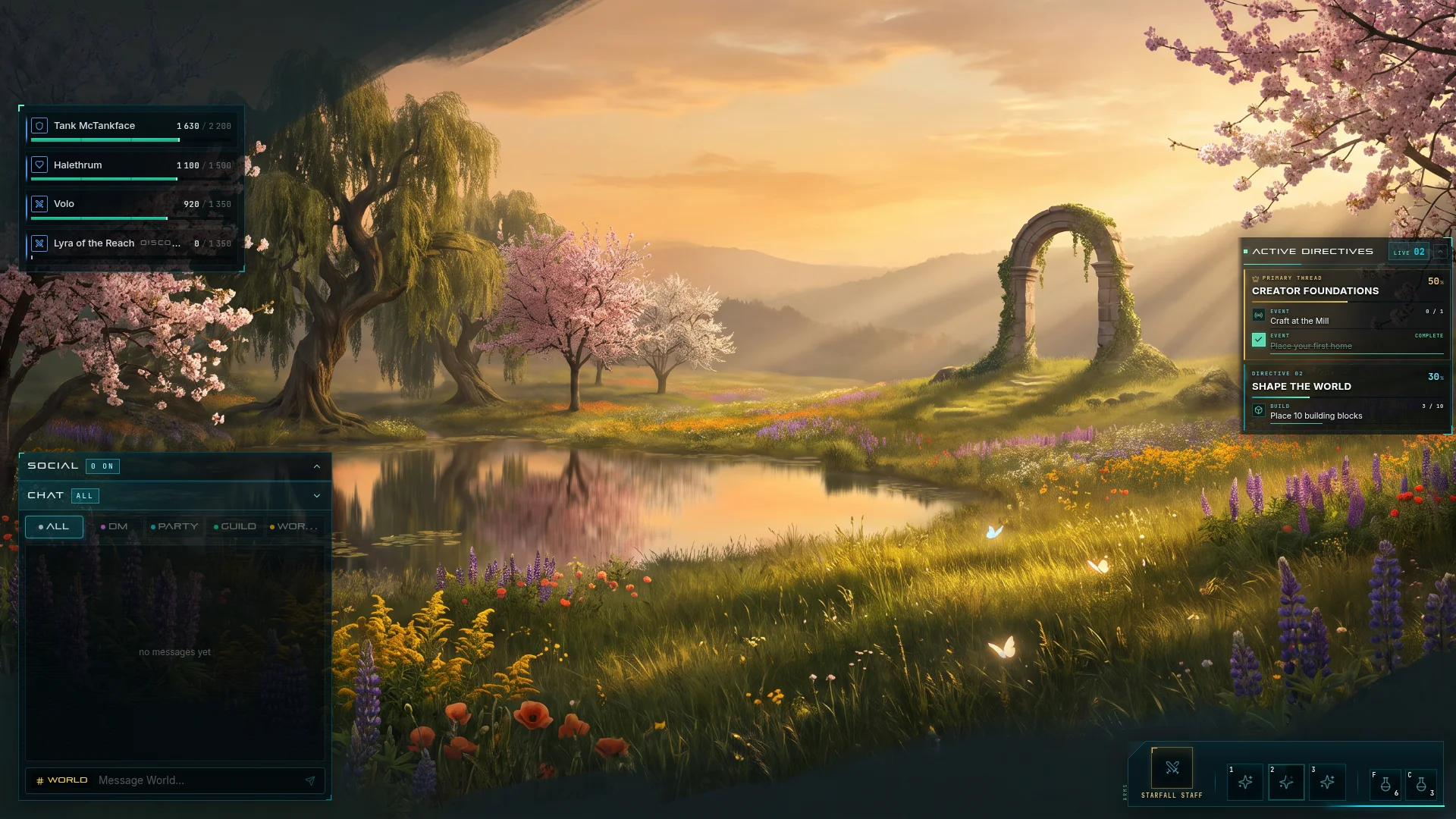 Avalon HUD presentation showing party frames, social chat, creator objectives, weapon loadout, abilities, and quick items over Elysmalla key art