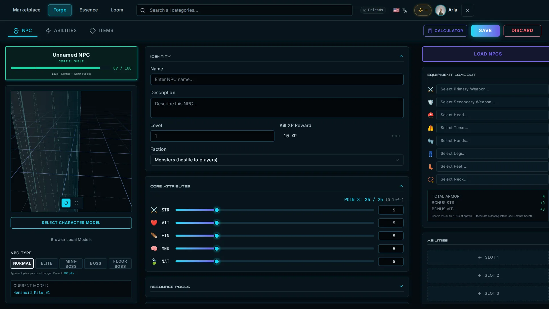 The Forge NPC creator: identity fields, a points budget, attribute sliders, NPC type tiers, and an equipment loadout panel