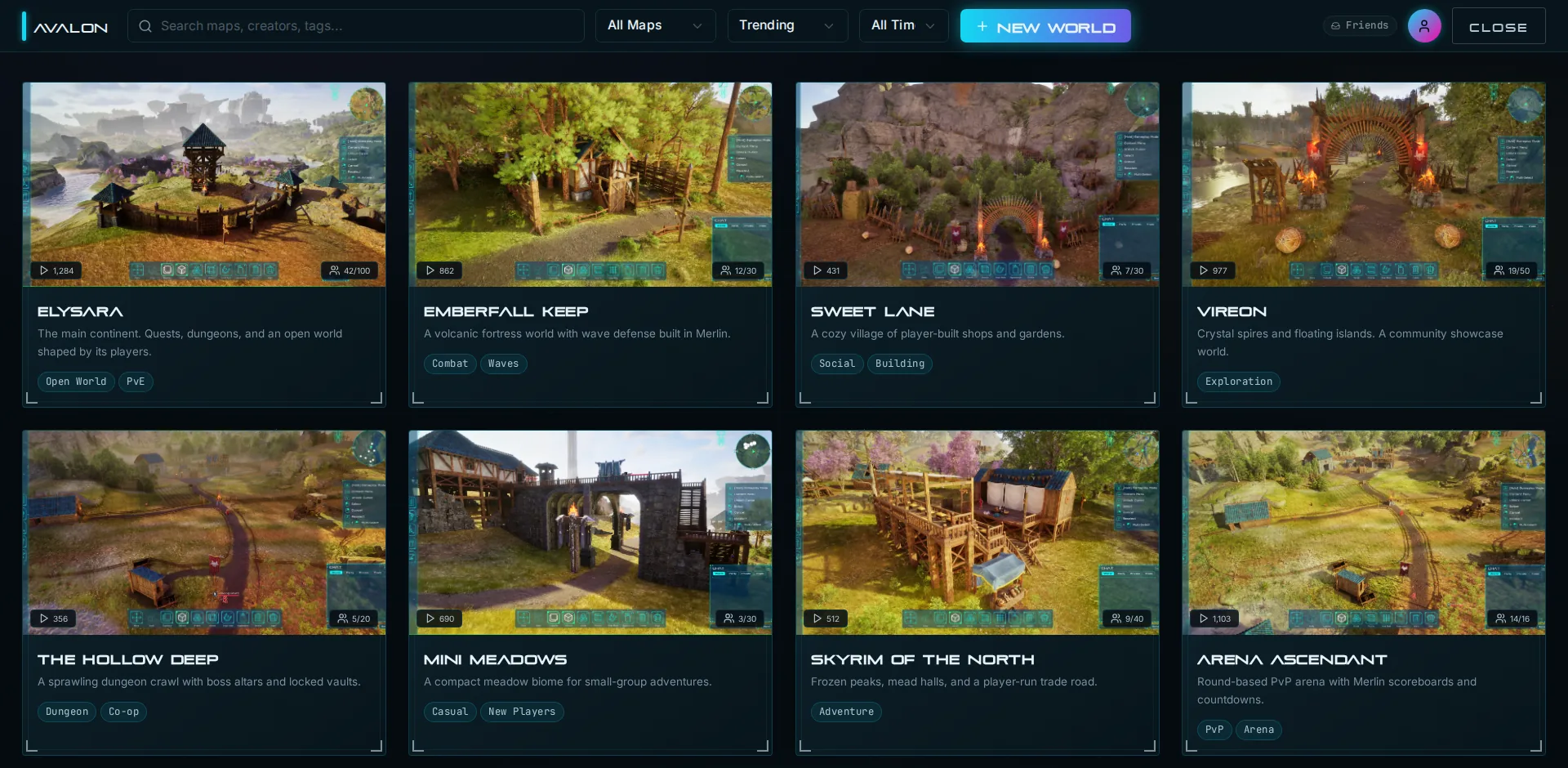 The AVALON Lobby Browser showing a grid of worlds with cover art, live player counts, and play counts
